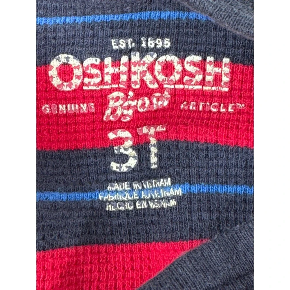 OshKosh Bgosh Boys 3T Thermal Shirt Navy Blue Red Striped Waffle Knit Long Sleev